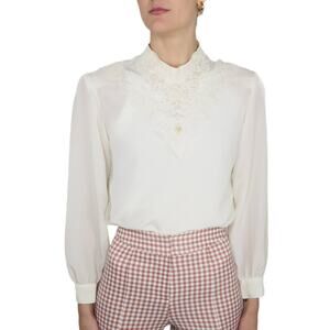 1960s Vintage Voir Cream Victorian Beaded Blouson Blouse Small